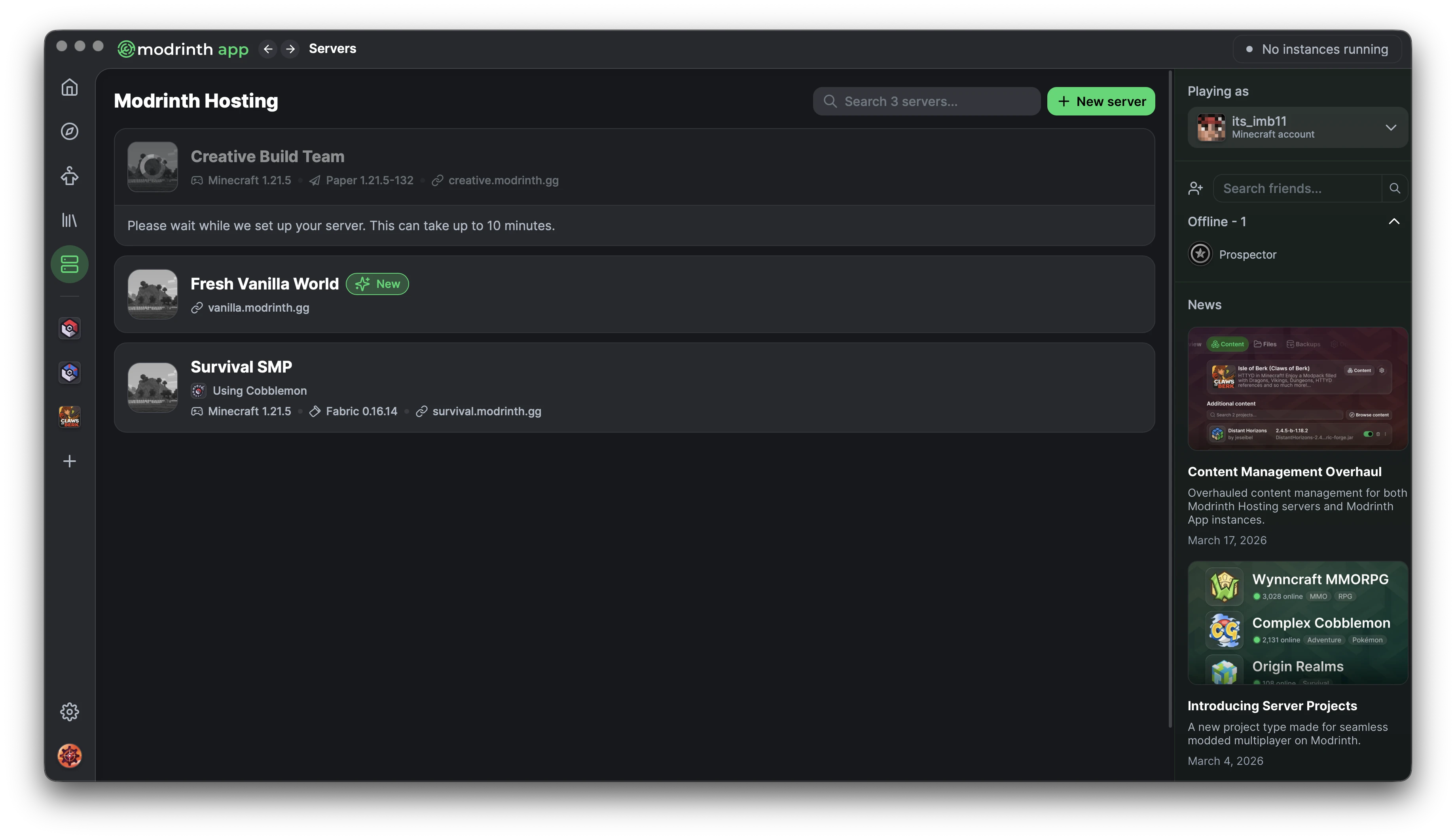 A screenshot of the Modrinth Hosting tab in the app, showing the user's servers